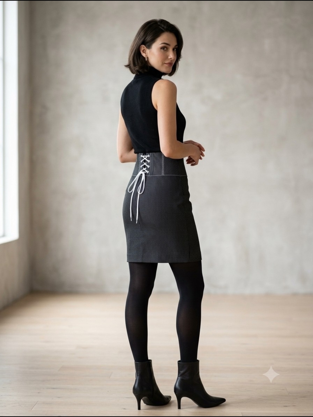 bebe Black Striped Pencil Mini Skirt with Contrast Lace-Up Back - 0